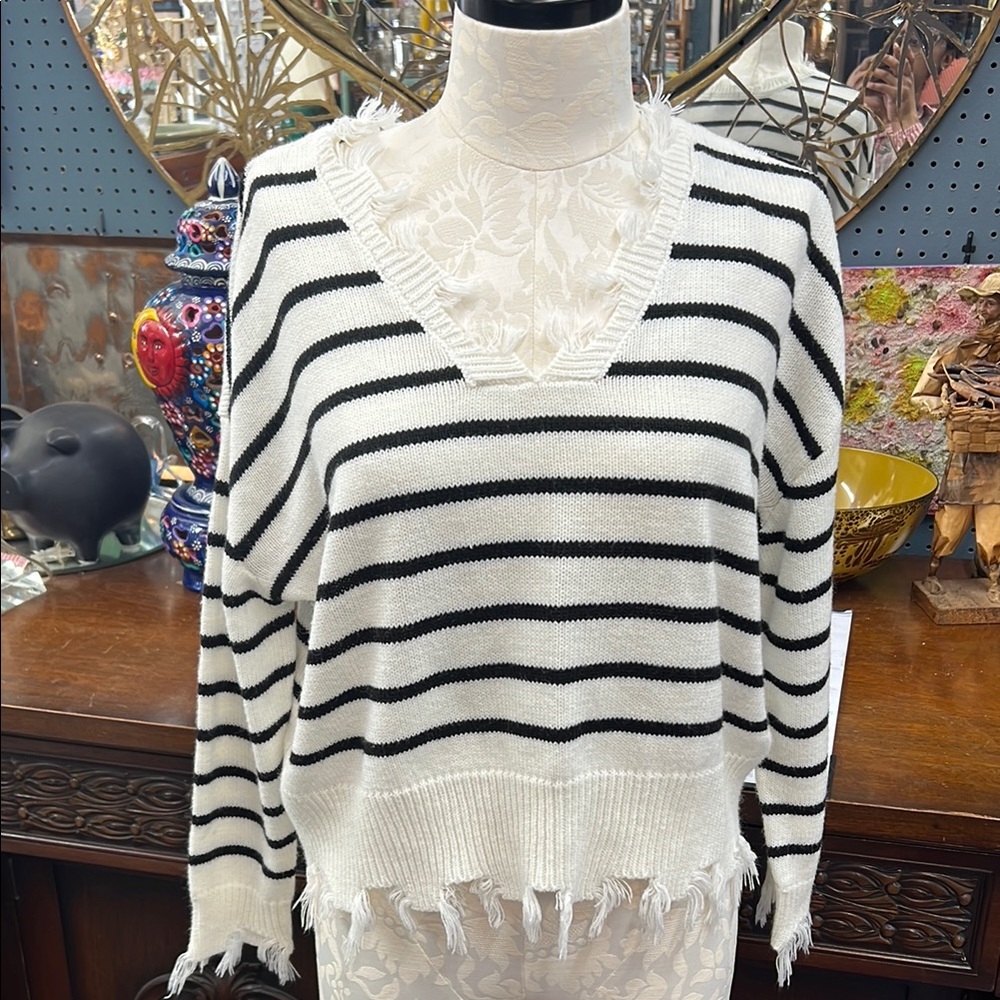“Just Polly” Black and White Stripe Fringe Sweater